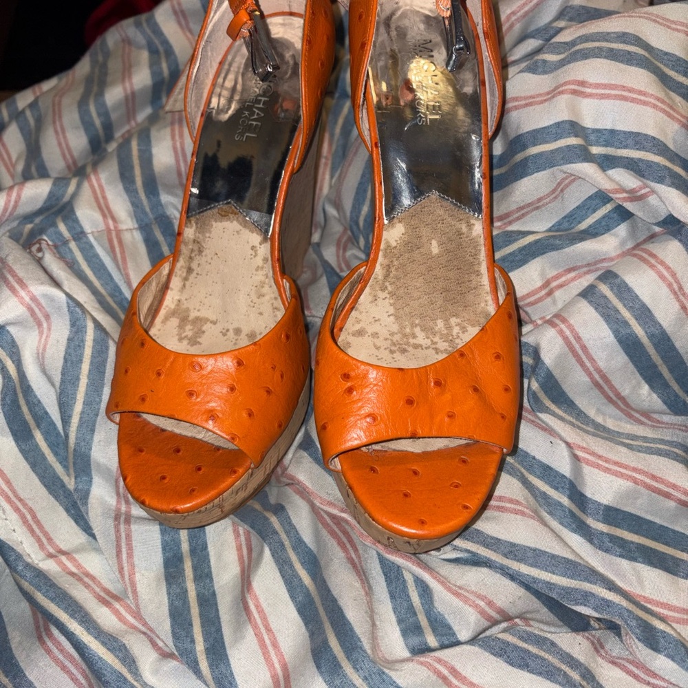 Michael Kors Orange Leather Peep-Toe Wedge Sandals - Picture 2 of 4